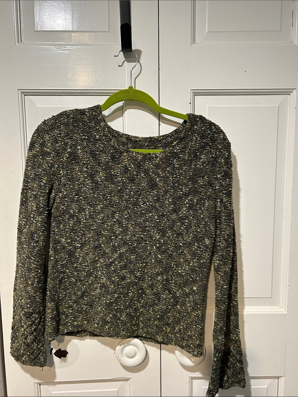Women’s Crewneck Tweed Knit Sweater - Olive Speckle bohemian goth bell sleeves